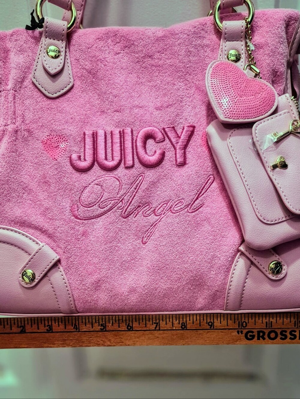 💘*Juicy Angel* Embroidered, Pink Sequins Velour Tote💕 - Picture 4 of 14